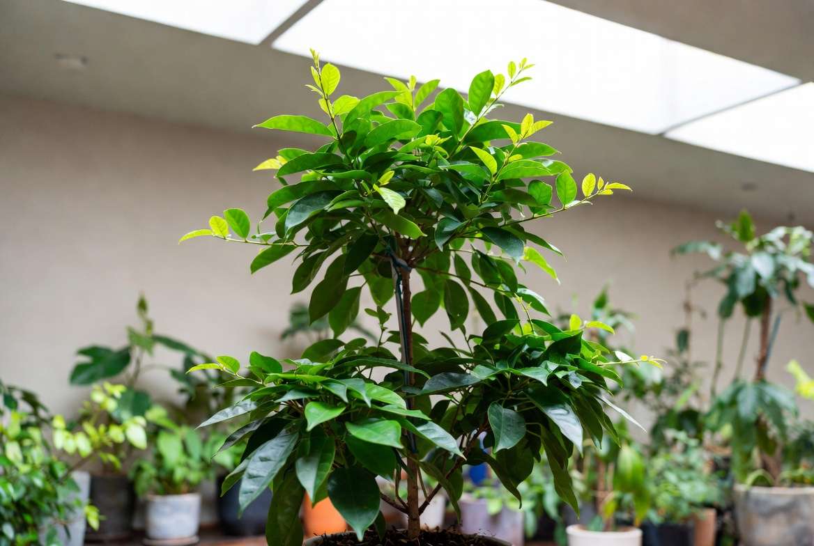Advanced topping and training techniques on a bushy potted plant
