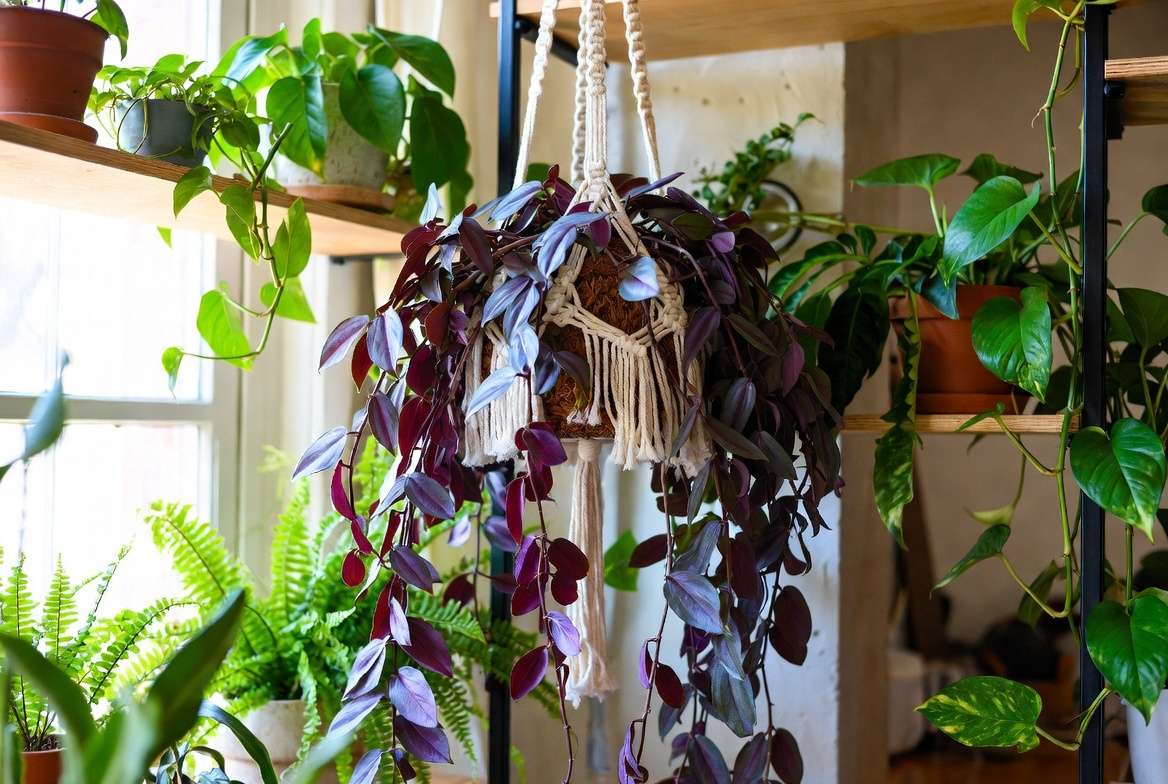 Creative hanging display of Wandering Jew plant with companion houseplants