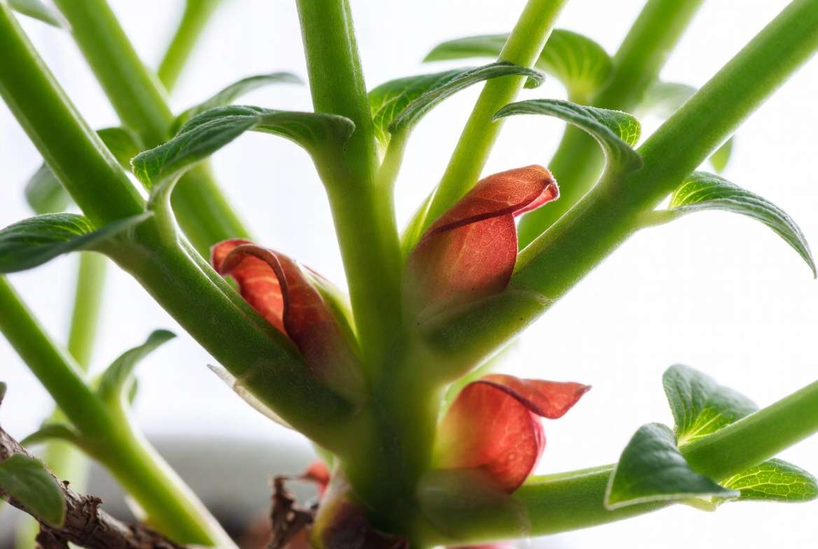 Tall Slipper Plant Pedilanthus bracteatus close-up showing stems, leaves, and red-orange bracts