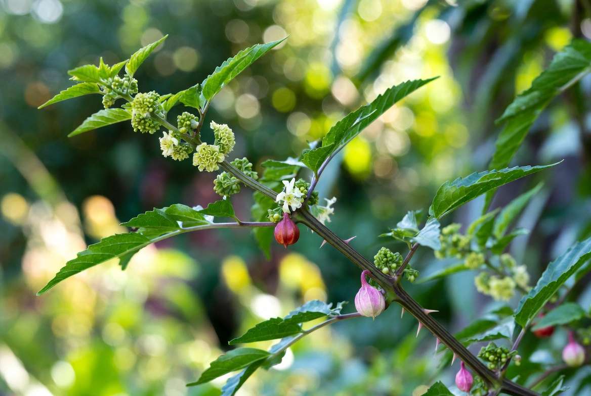 Close-up of Szechuan pepper plant leaves, thorns, flowers, and ripe pink peppercorns