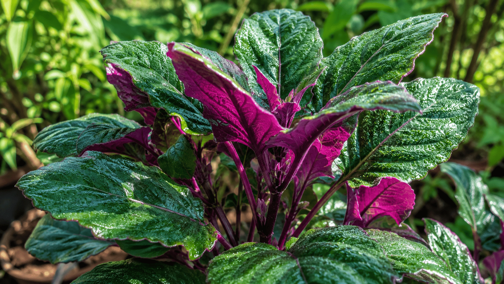 Okinawa spinach plant showing distinctive green and purple bicolor leaves