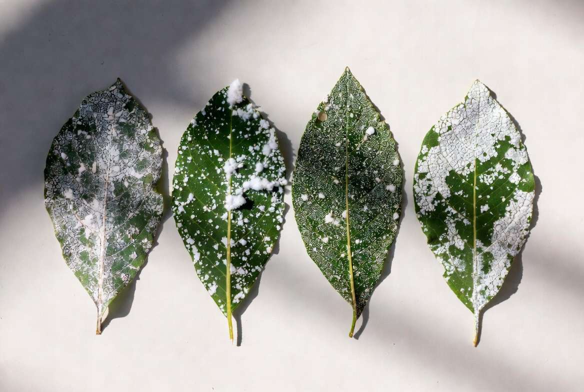 Comparison of different causes of white specks on plant leaves including mildew, pests, and mineral deposits
