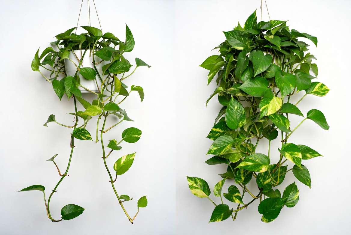 Common issues and solutions for trailing indoor plants showing healthy vs affected foliage