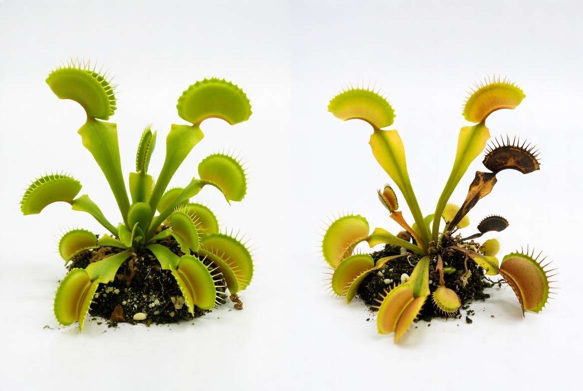 Healthy versus stressed large Venus fly trap plant comparison for troubleshooting