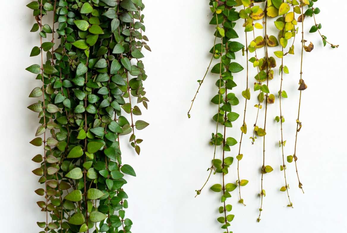Healthy vs unhealthy String of Frogs plant showing common care issues