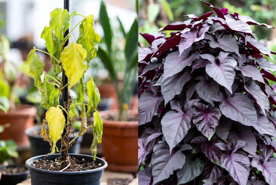 Before and after fixing common problems with purple sweet potato vine plant care