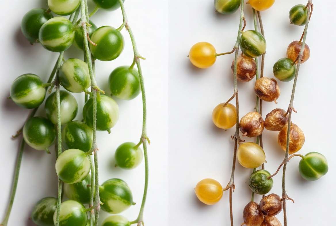 Healthy vs struggling variegated string of pearls plant troubleshooting