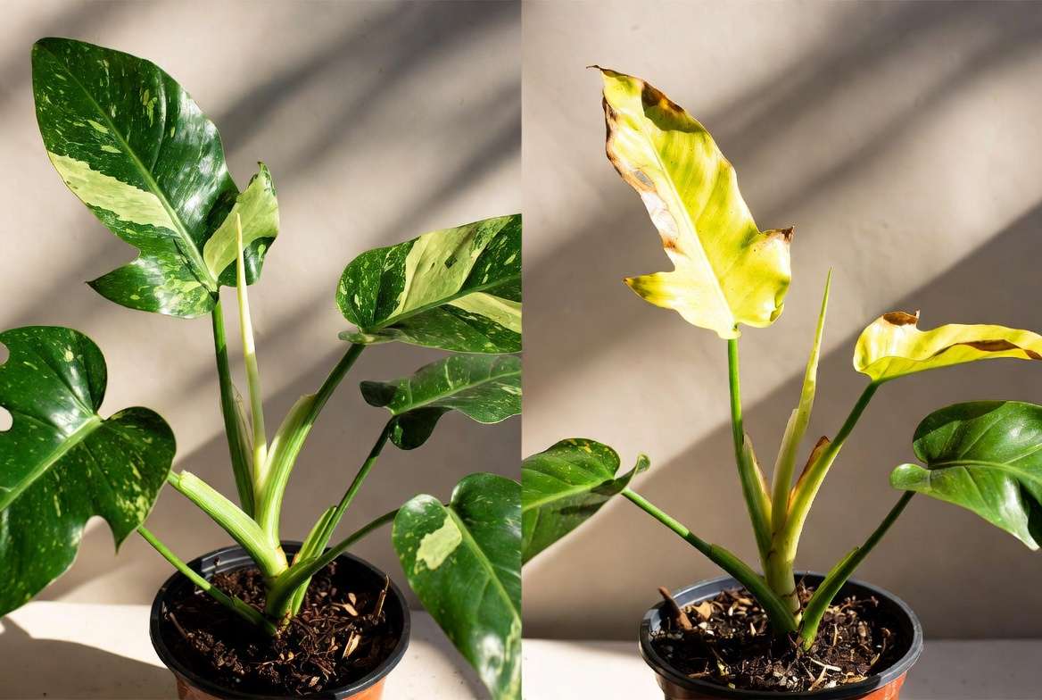 Healthy vs unhealthy Philodendron Jose Bueno plant common problems