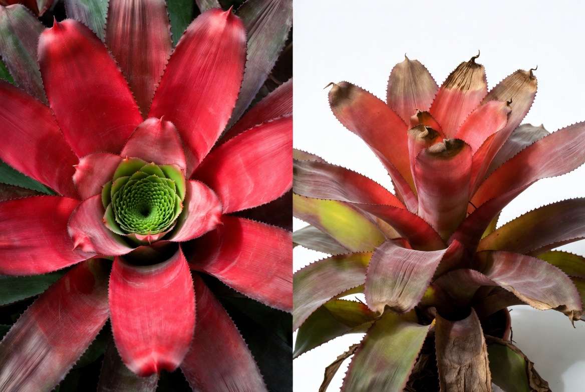 Common red bromeliad plant problems like brown tips and solutions