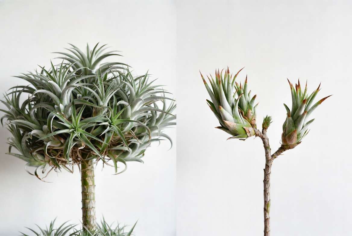 Healthy large Tillandsia air plant compared to recovering specimen