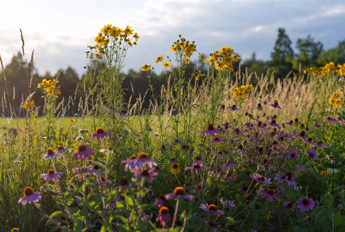 Tall coreopsis companion planting with coneflowers and native grasse