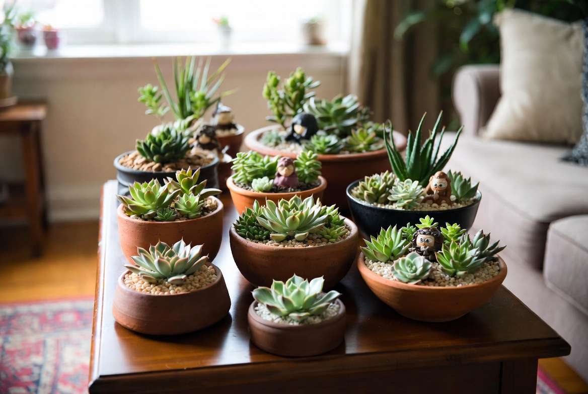 Collection of thriving indoor dish garden plants bringing greenery to home decor
