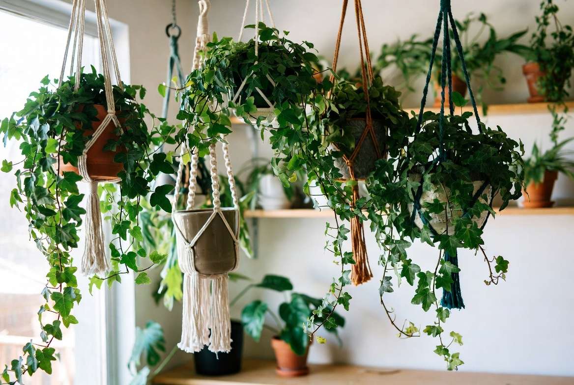 Creative display ideas for hanging ivy plants in macramΓ© hangers indoors
