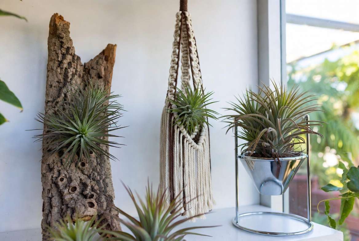Creative display ideas for large Tillandsia air plants on driftwood and hanging mount