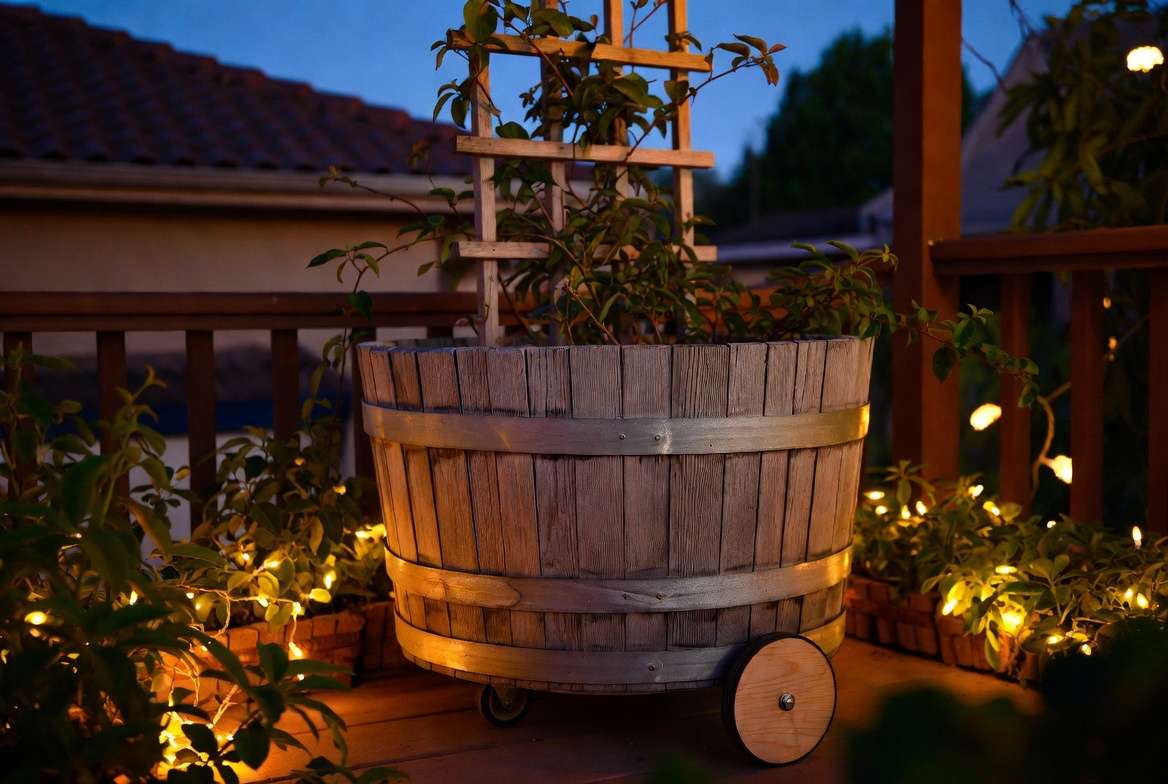 Creative styling ideas for barrel wood planters with wheels, trellis and lighting