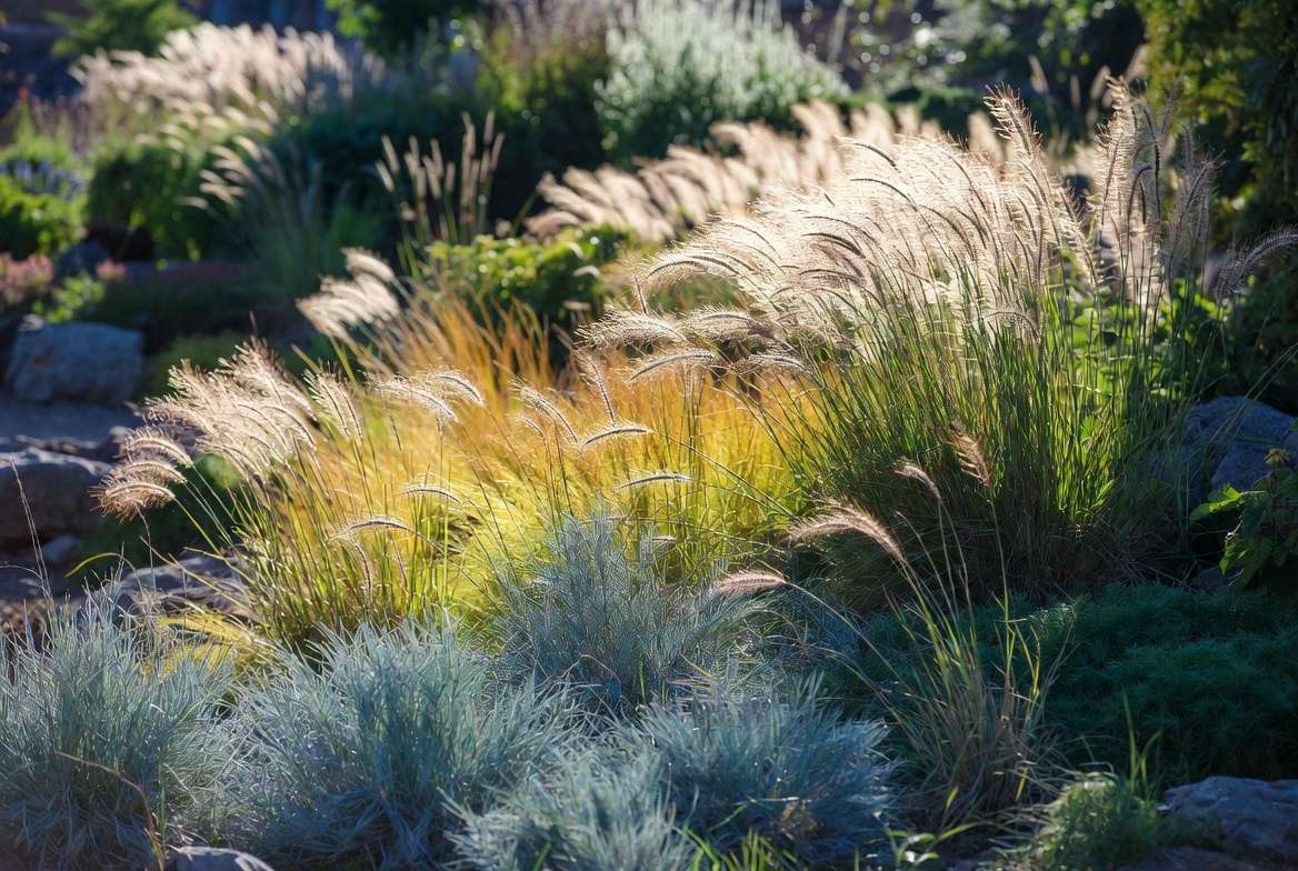 Creative garden design ideas using small ornamental grass plants in borders and containers