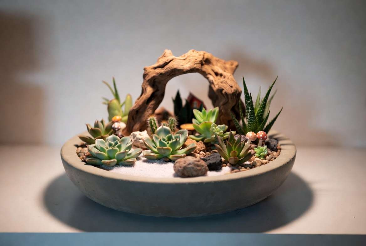 Creative themed dish garden with succulents and decorative elements
