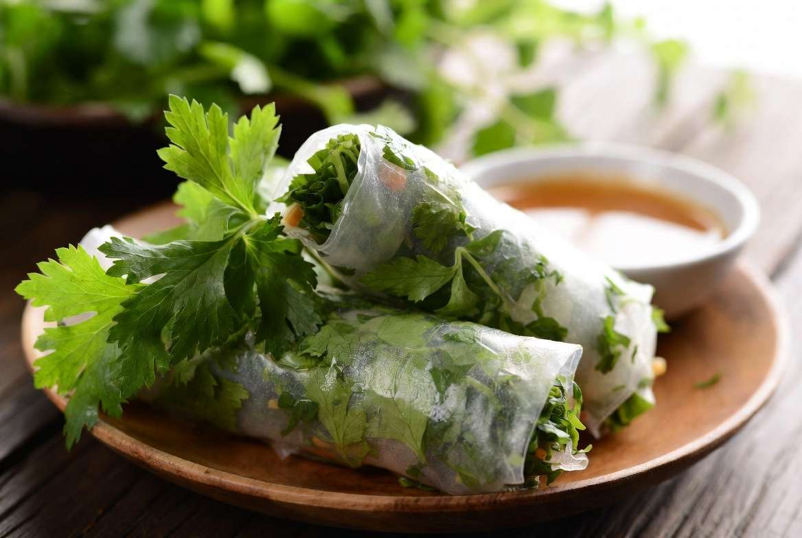 Vietnamese spring rolls with fresh Rau Răm