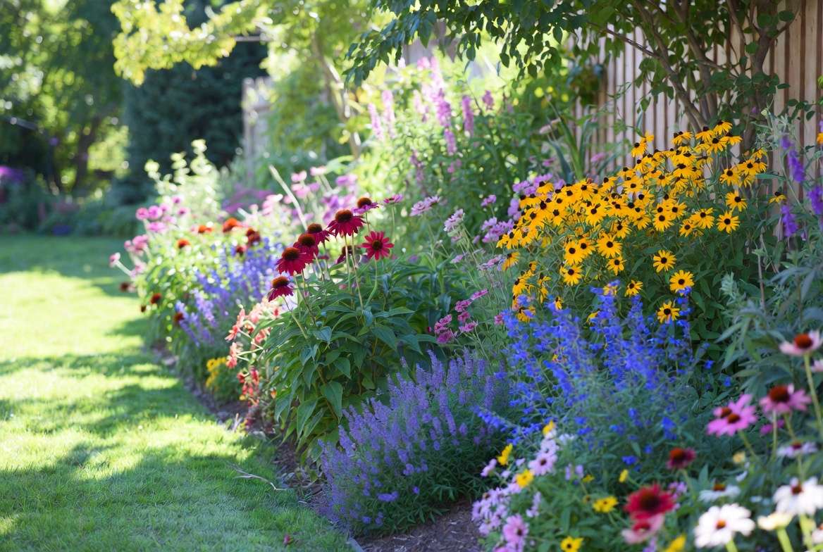 Red echinacea plant in beautiful companion planting garden design with salvia and rudbeckia
