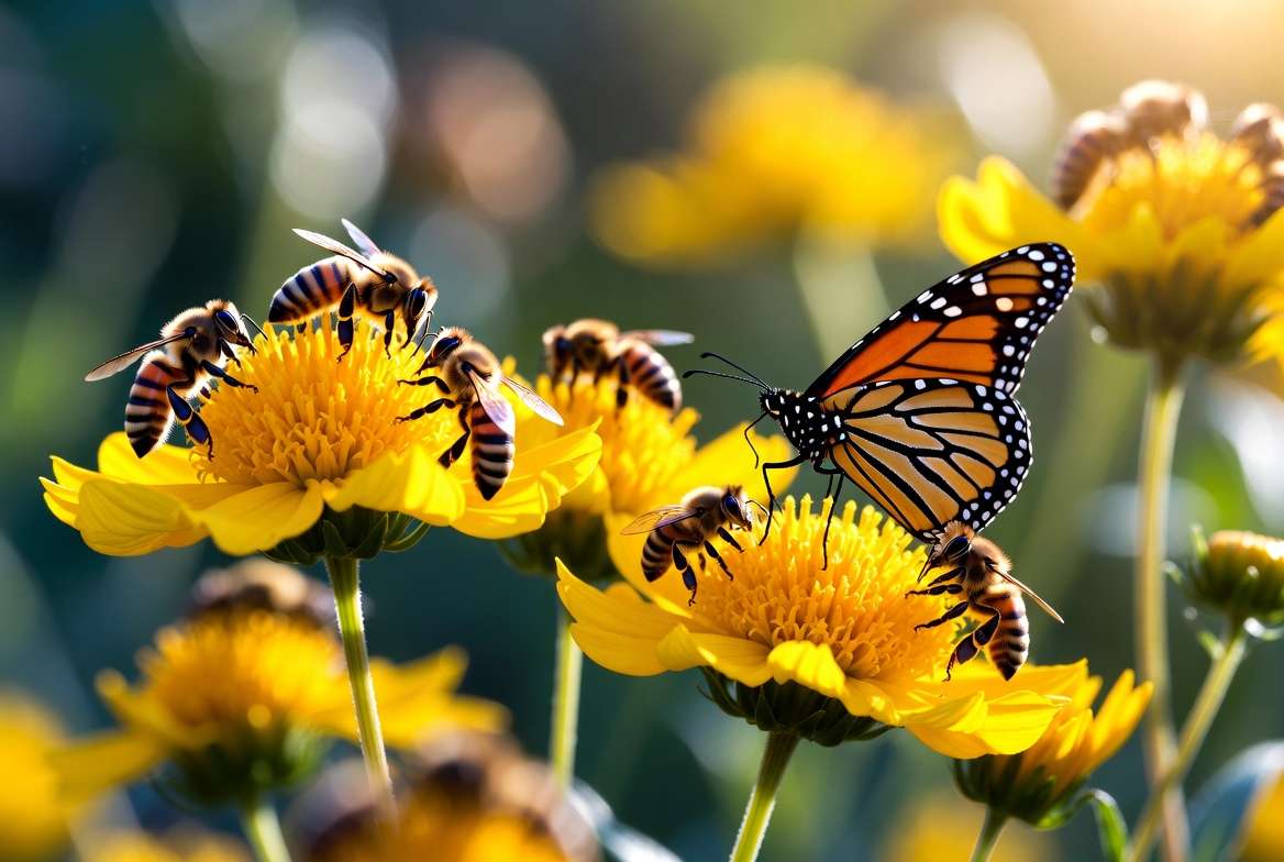 Tall coreopsis flowers attracting bees and butterflies