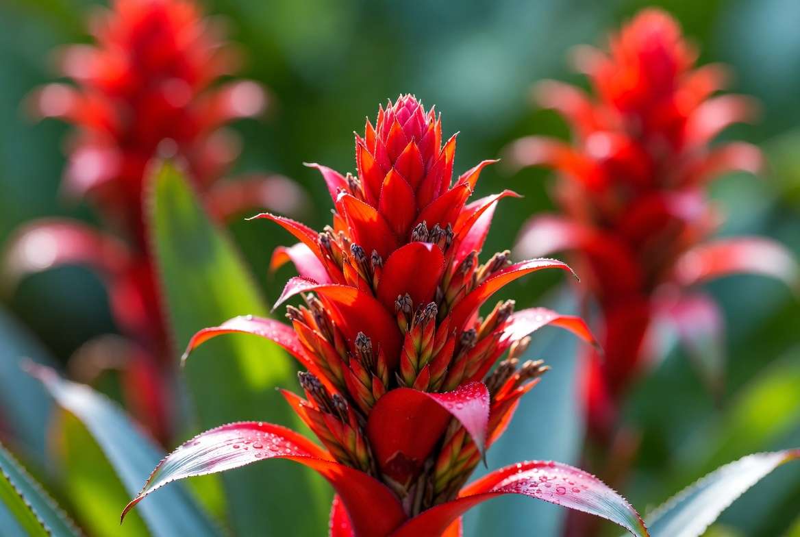 Beautiful blooming red bromeliad plant with vibrant red bracts