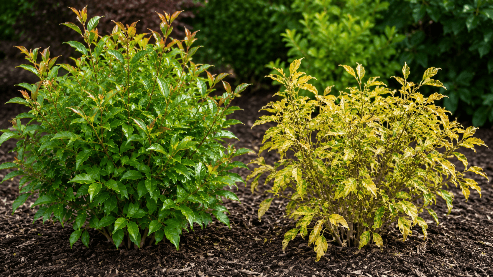 Yellow leaves on Nandina Gulf Stream vs healthy plant comparison