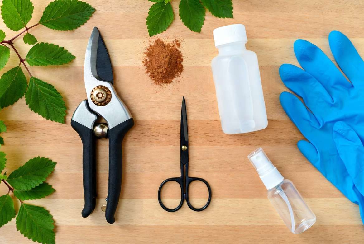 Essential tools for topping pot plants including pruning shears and sterilizer