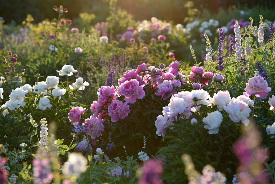 Mature thriving peony garden with successful companion planting combinations