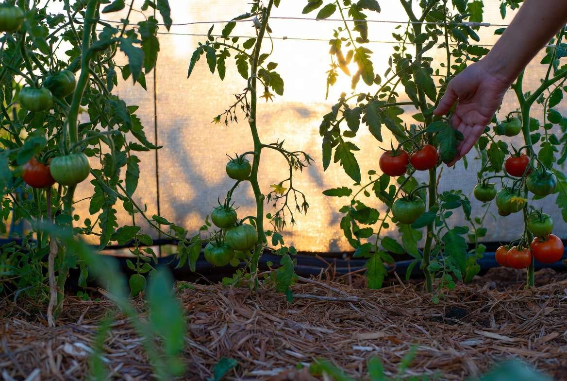 Successful tomato garden with abundant flowers and fruit
