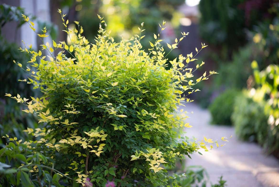 Mature healthy Lemon Lime Nandina plant in garden landscape