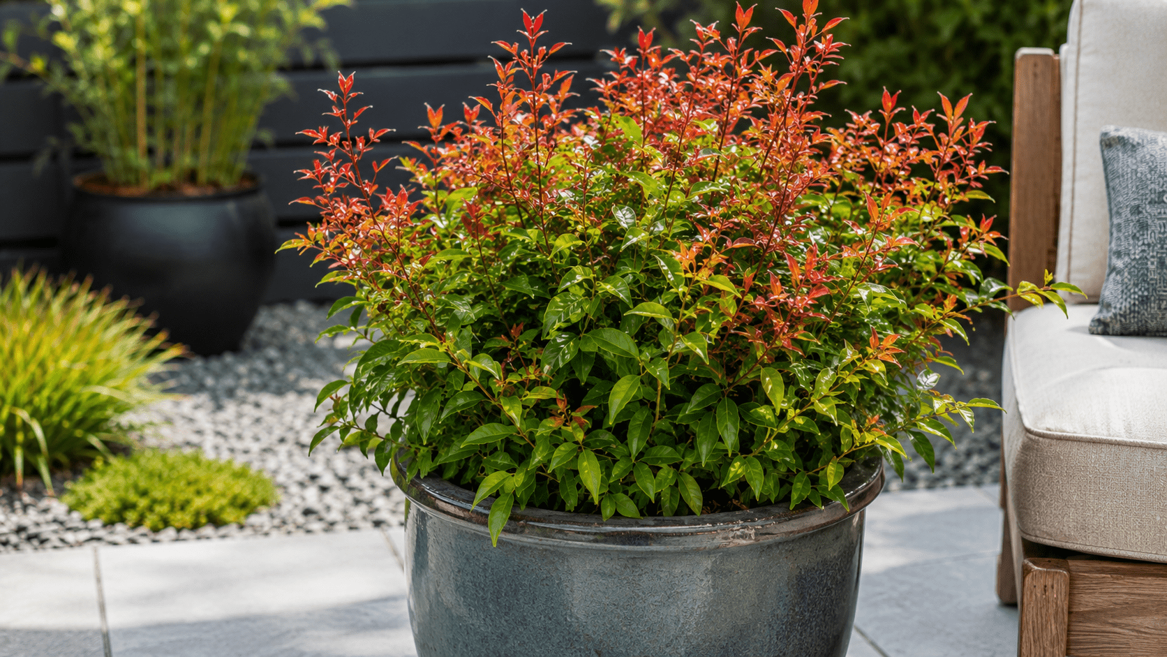 Container grown Nandina Gulf Stream plant thriving on patio