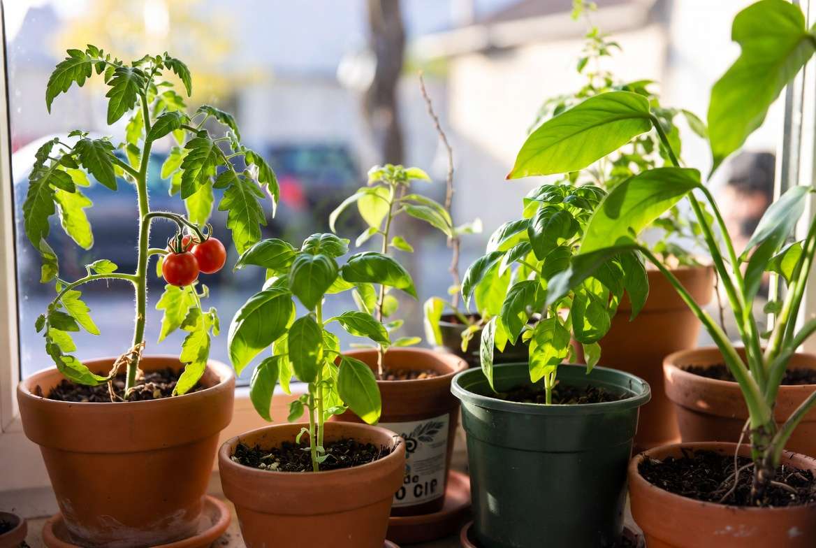 Healthy potted plants in optimal growing conditions for successful topping