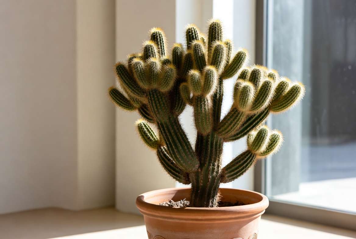 Mature thriving Cowboy Cactus Plant in modern home setting