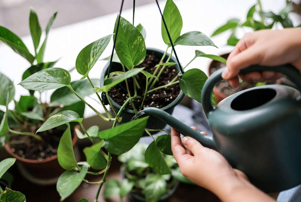 Proper watering technique for healthy trailing indoor plants like Pothos