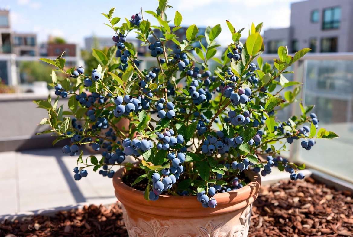 Patriot blueberry plant growing successfully in a large container