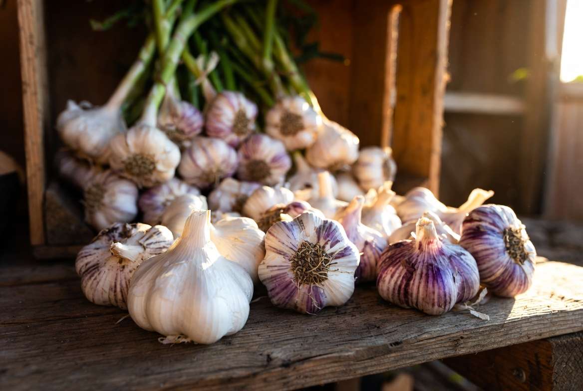 Freshly harvested and curing homegrown spring garlic bulbs
