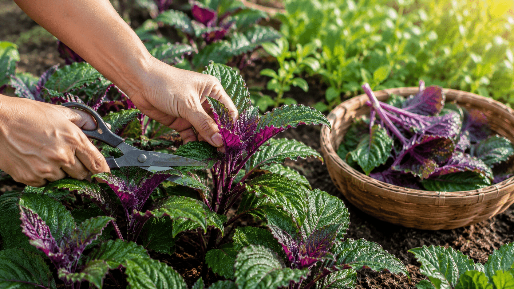 Harvesting fresh Okinawa spinach leaves from garden