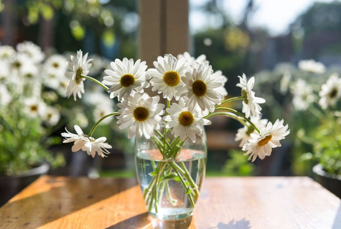 Freshly harvested Shasta daisy cut flowers in a vase