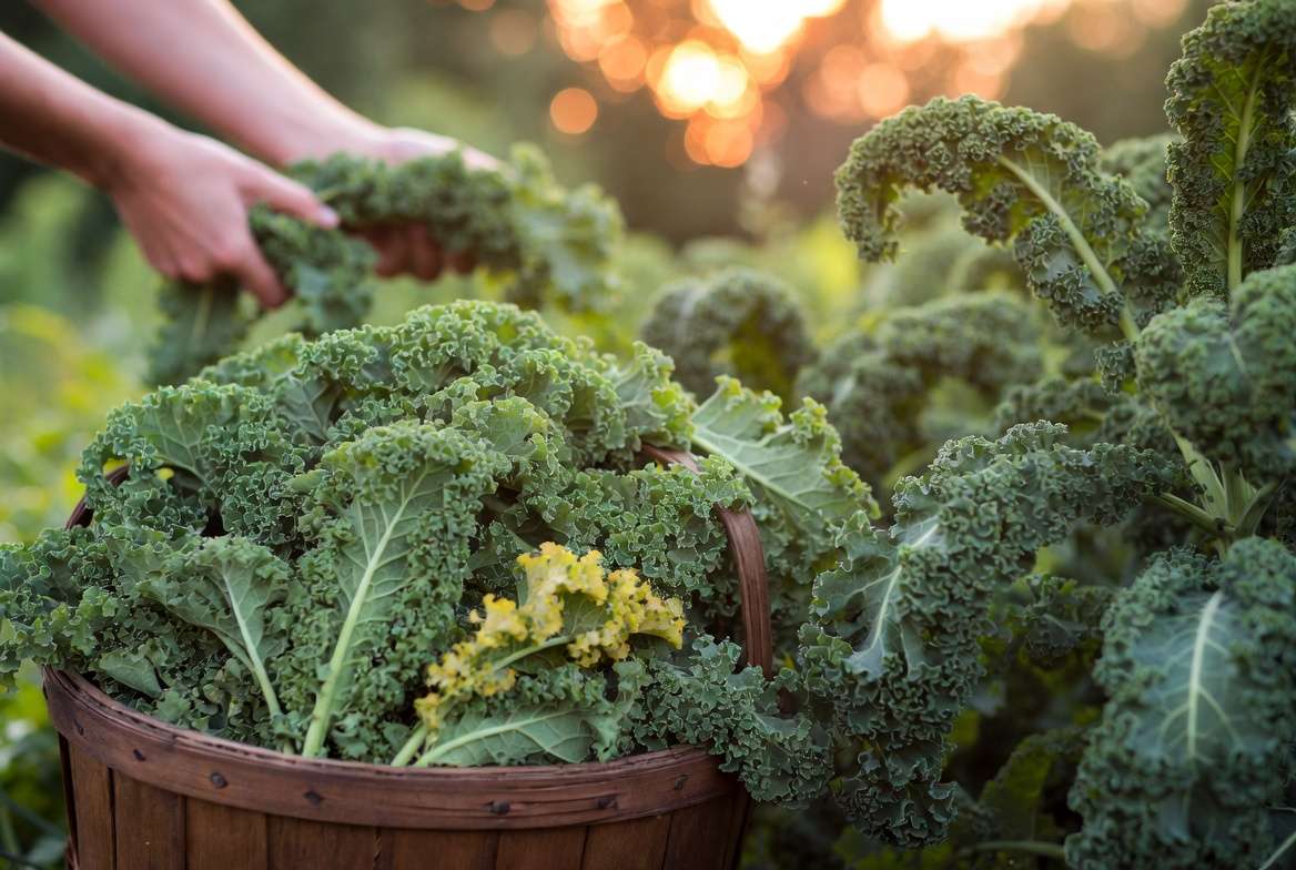 Freshly harvested kale leaves in a basket from a thriving garden
