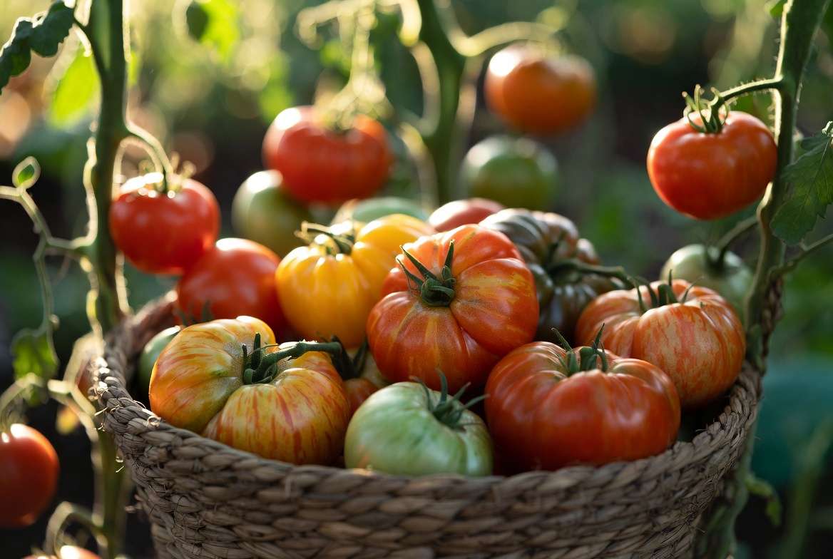 Freshly harvested Mr Stripey heirloom tomatoes in a basket