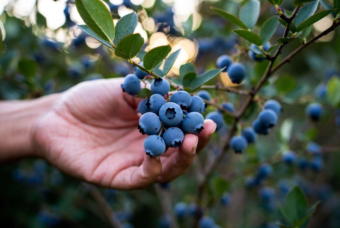 Harvesting ripe berries from Powder Blue blueberry plant
