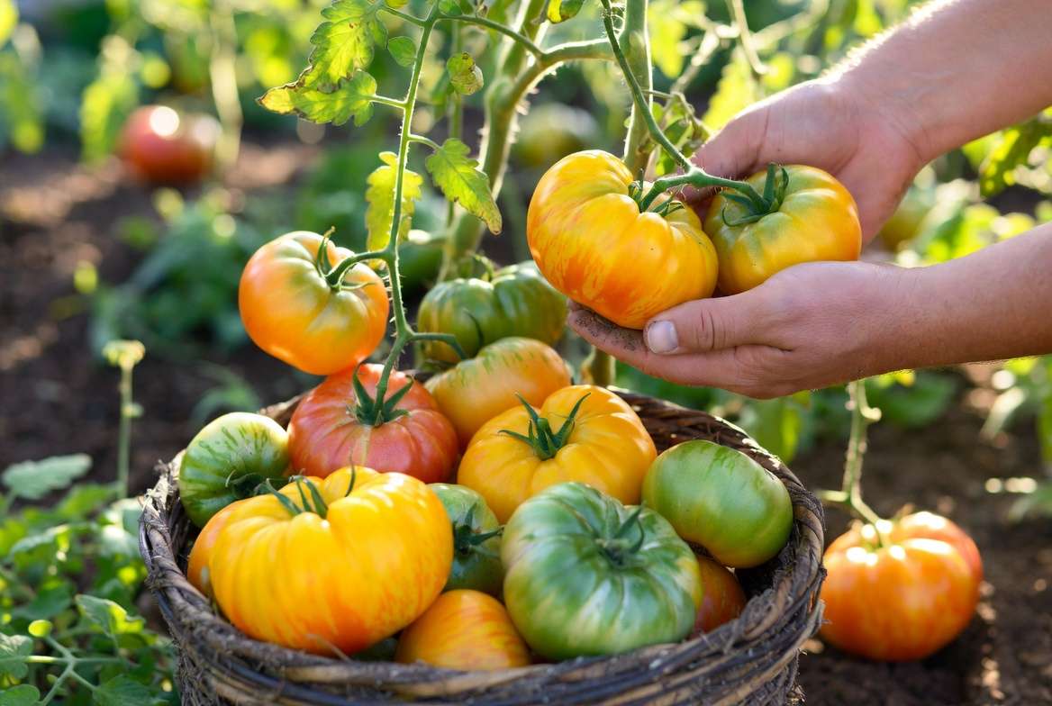 Harvesting sweet striped Sunrise Bumblebee cherry tomatoes from the garden