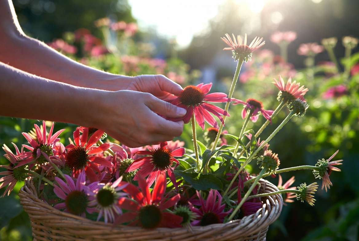 Harvesting red echinacea flowers for bouquets and herbal use in home garden