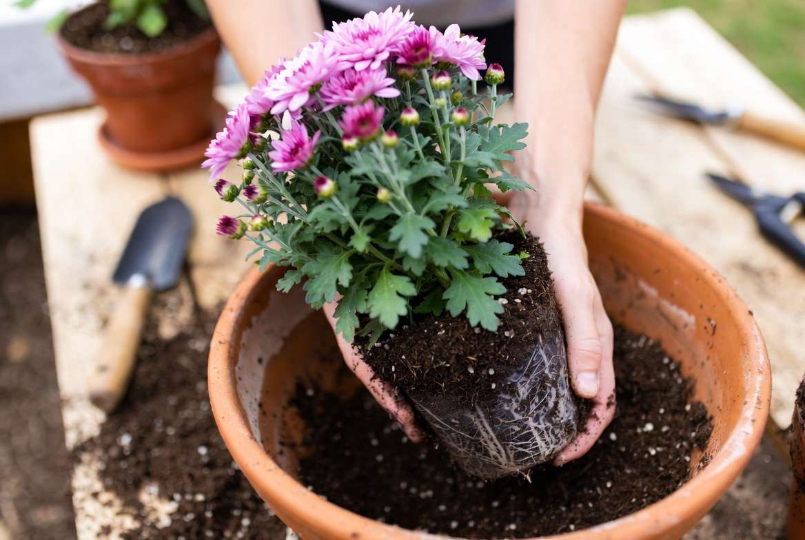 How to plant pink chrysanthemum plant in a pot with proper soil and technique