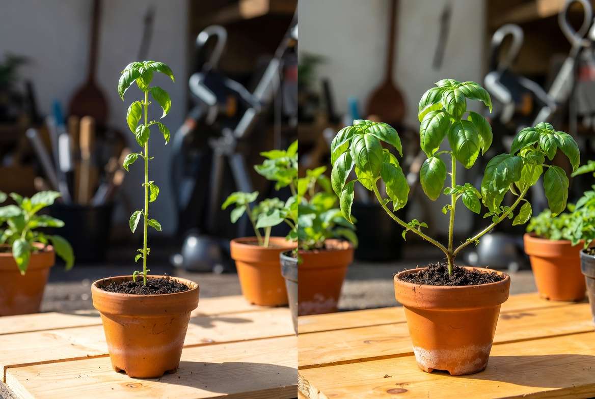 Bushy vs leggy potted plant comparison showing benefits of topping for fuller growt
