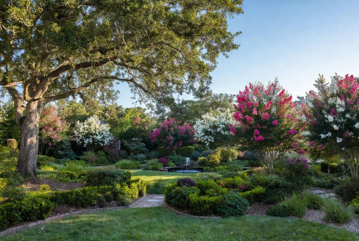Beautiful layered Zone 8 landscape design with trees, shrubs and perennials