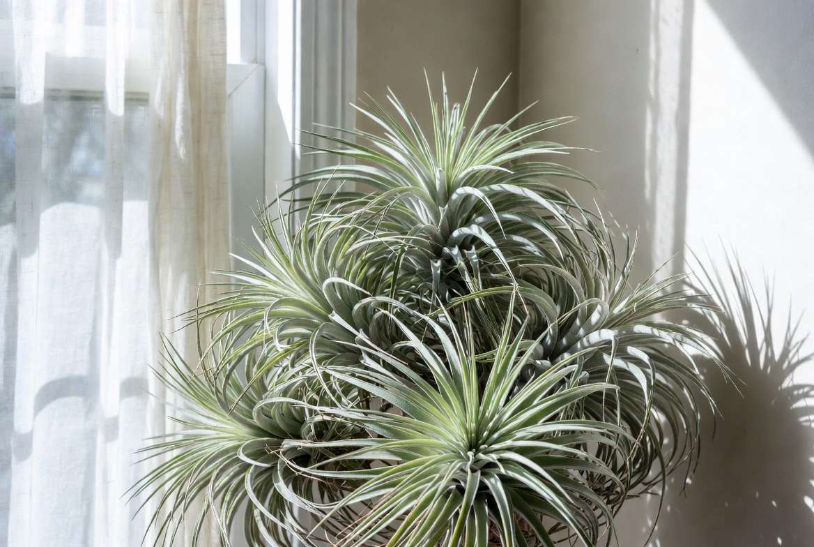Large Tillandsia air plant receiving optimal bright indirect light near a window