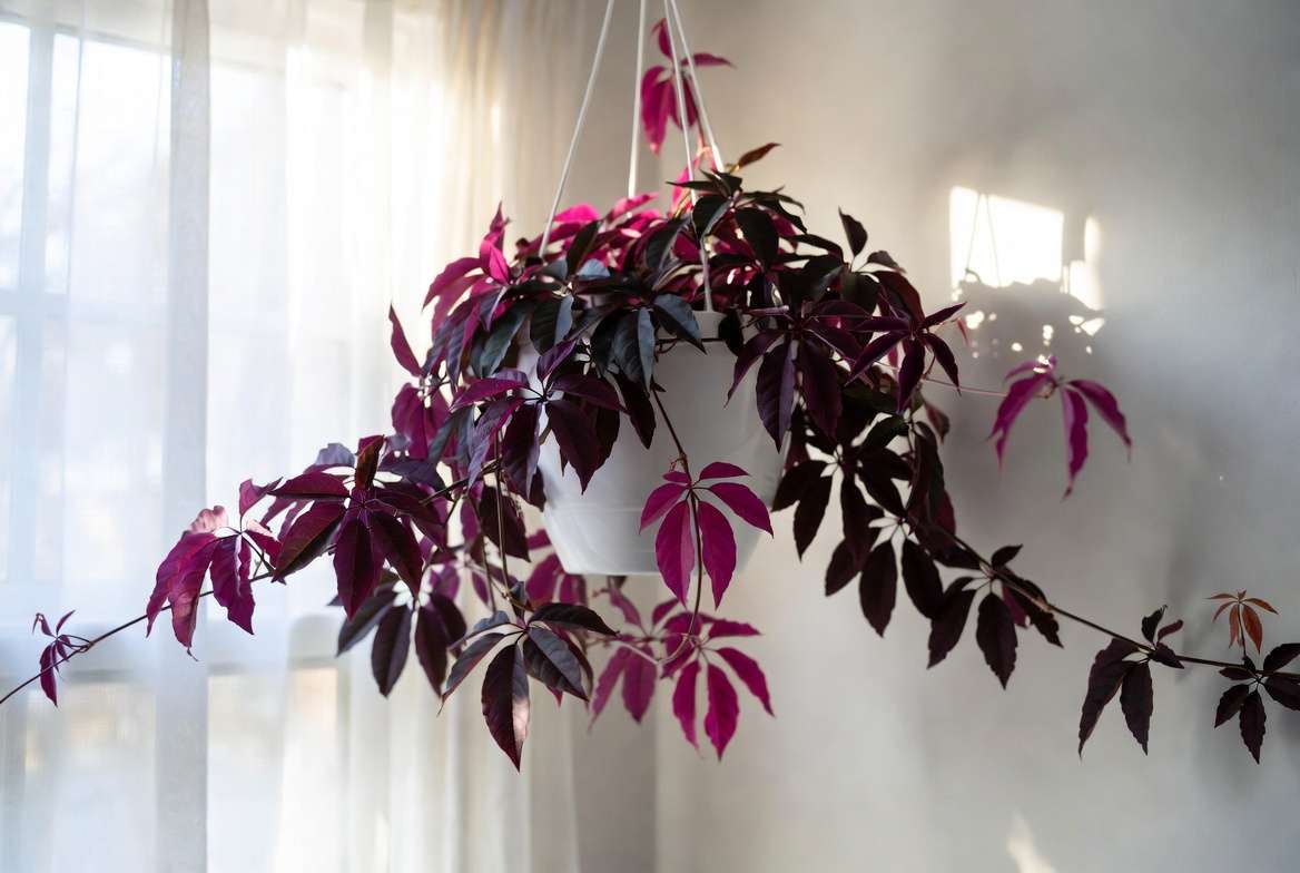 Purple passion vine plant in bright indirect light near window