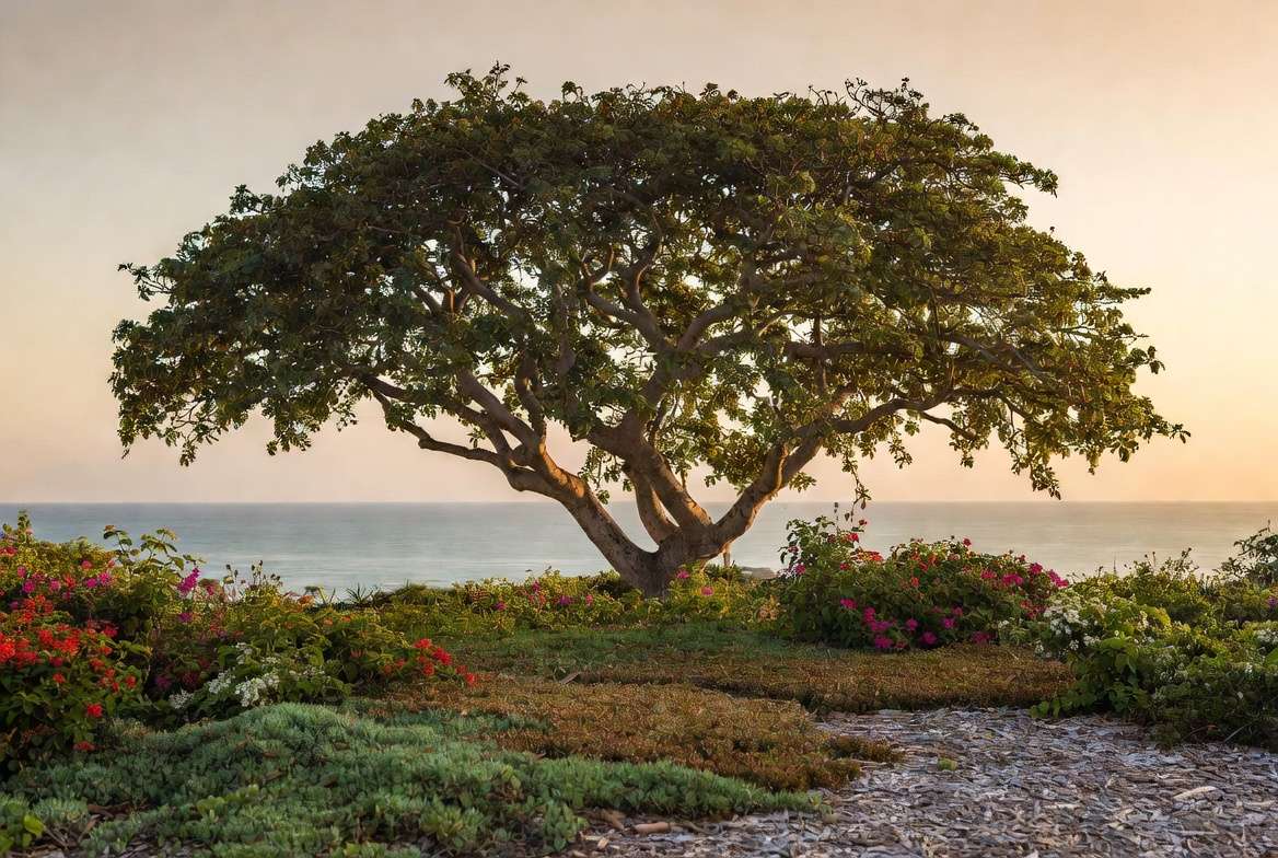 Mature Milo tree in tropical coastal landscaping