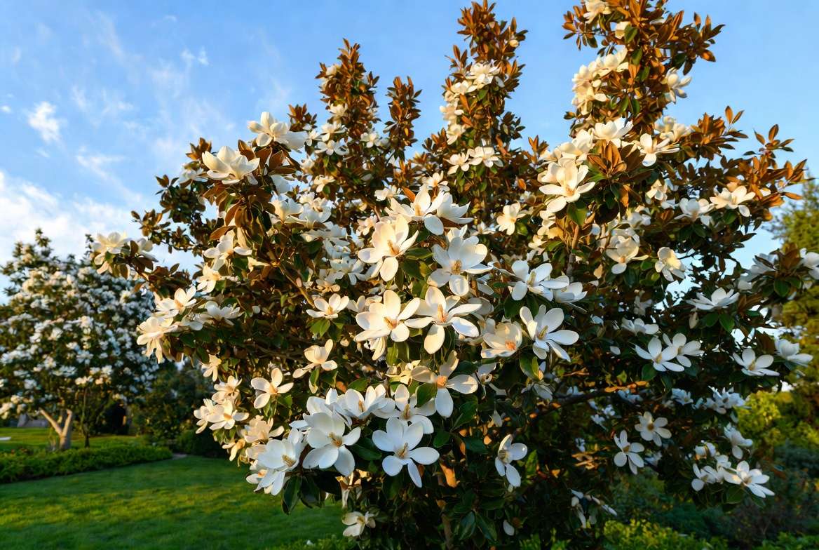Mature flowering magnolia tree in garden landscape